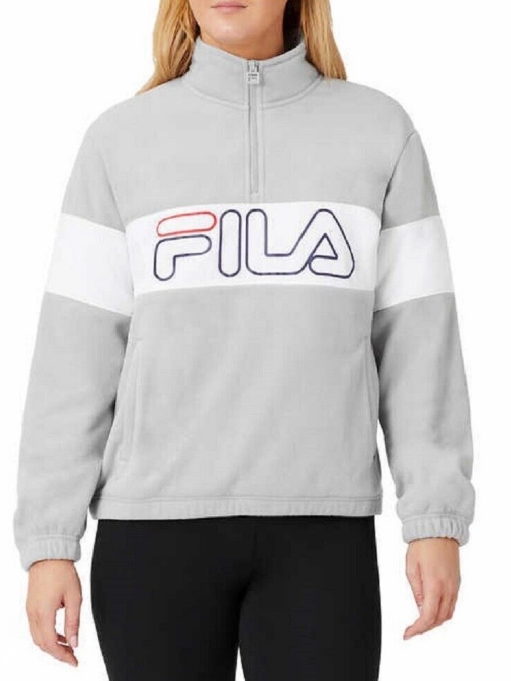 Fila Women's Light Gray Half-Zip Pullover with White Chest Band and Logo